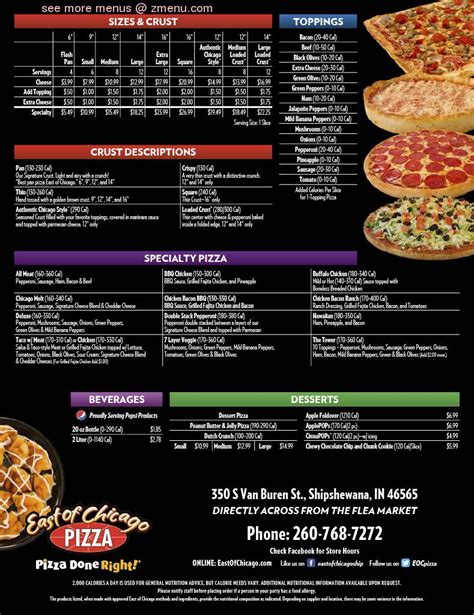 East of Chicago Pizza is a restaurant chain offering different styles of pizza, buffalo wings, breadsticks, and subs. . East of chicago pizza shipshewana menu